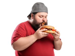 Fat man eating big burger, cut out
