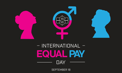International Equal Pay Day design. It features blue and pink silhouette of a man and a woman, equal sign and man woman sign. Vector illustration.