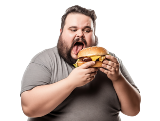 Fat man eating big burger, cut out