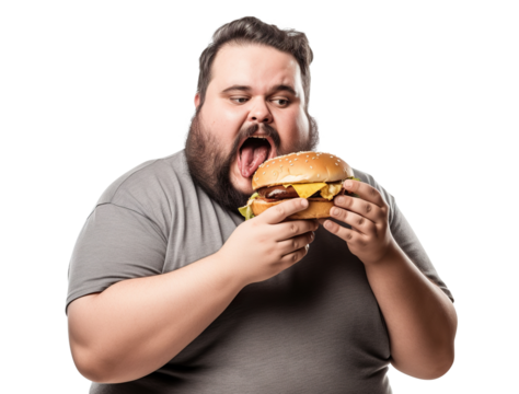 Fat man eating big burger, cut out