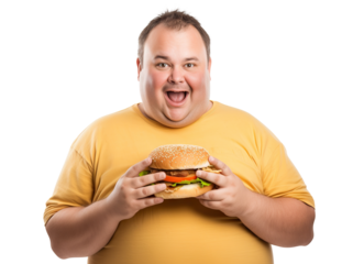 Fat man eating big burger, cut out
