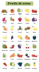 Fruits Icons set 35 types of colorful Fruits with names.Can be used for supermarket categories,for learning.