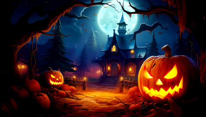 Fototapeta na wymiar Halloween pumpkin head jack lantern with burning candles in scary deep night forest. AI generated
