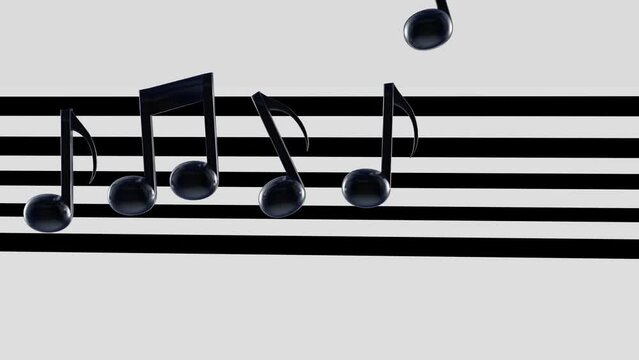 isolated black music notes dancing on the partiture 3d animation rendering