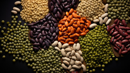 Diverse Legume Bounty: A Colorful Array of Beans and Lentils Overflowing from Bulk Bins, Perfect for Healthy Cooking and Culinary Exploration