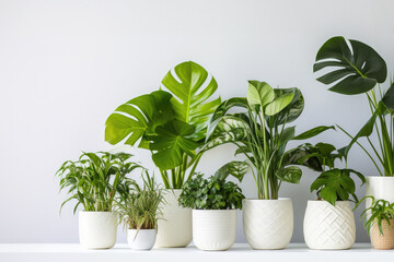 Beautiful composition of house plants in different pots. Potted plants filled interior