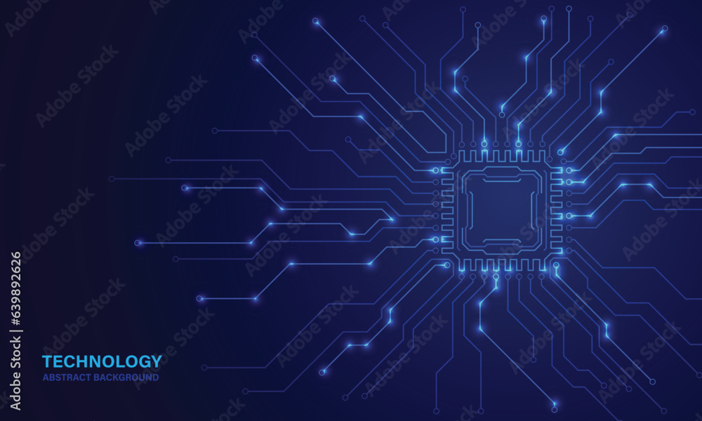 Poster vector futuristic microchip cpu circuit board blue light. technology abstract background.