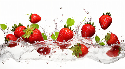 Delicious and juicy strawberries fruit with fresh leaves flying over, with many squirts of fresh water on white background