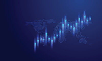 Abstract stock market candlesticks and world map on technology blue background. Low poly wireframe digital growing graph chart with glowing light effect. Vector business banner. Investment concept.