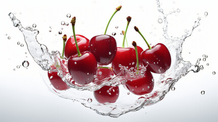 Delicious and juicy cherries fruit flying over, with many squirts of fresh water on white background