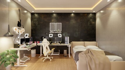 Games and workspaces with high spec computers. there is a bed. Neon lighting 3d rendering illustration. 3D futuristic style interior design.