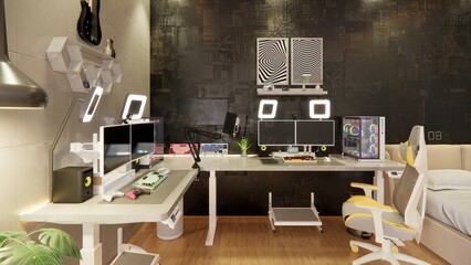 Games and workspaces with high spec computers. there is a bed. Neon lighting 3d rendering illustration. 3D futuristic style interior design. © Alif666
