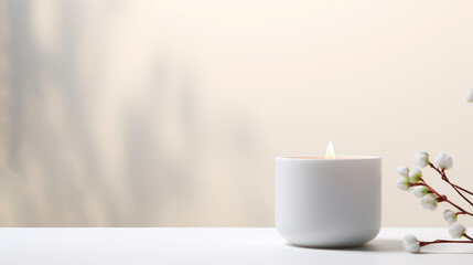 A scented candle on a white table with plant on a modern minimalist background