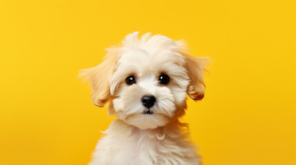 Cute puppy dog on yellow background - obrazy, fototapety, plakaty