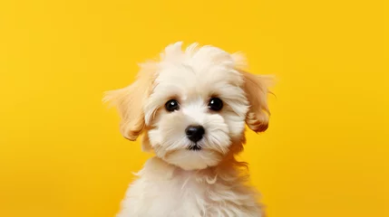 Fotobehang Cute puppy dog on yellow background © Karol