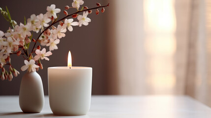 A scented candle on a white table with plant on a modern minimalist background