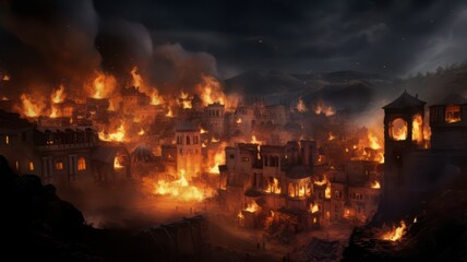 Obraz premium Ancient town burning in the night created with Generative AI