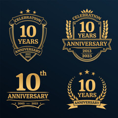 10 years anniversary icon or logo set. Vintage birthday banner design. 10th anniversary jubilee celebration golden badge or label collection. Vector illustration.