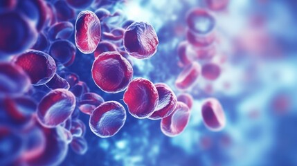red blood cells flowing through vein on blue background  - obrazy, fototapety, plakaty