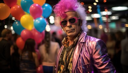 Fototapeta na wymiar Photo of a man with pink hair and sunglasses surrounded by colorful balloons