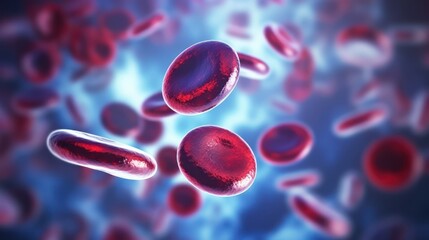 red blood cells flowing through vein on blue background  - obrazy, fototapety, plakaty