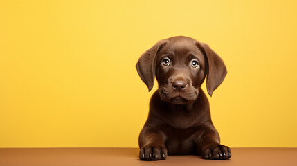 Cute chocolate Labrador Retriever puppy on yellow background - obrazy, fototapety, plakaty
