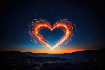 Vibrant light trails creating the shape of a heart in the night sky, captured with a long exposure lens for a romantic and captivating look. Generative AI