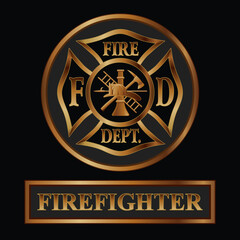 Firefighter Cross Logo Gold is a vector design of a classic Maltese cross firefighter symbol inside of a circular shape with a banner below with the text that says Firefighter in beautiful gold.