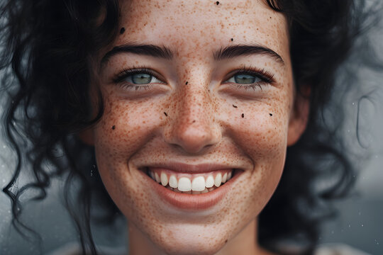 Beautiful gorgeous natural young woman, simple young girl, model woman with black curly hair laughing and smiling. Natural young lady close up portrait. Natural happyness and wellbeing. AI generative.