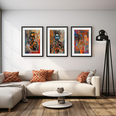 Modern small room in a contemporary gallery showcasing paintings with black frames, white walls