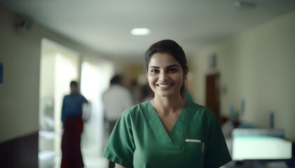 Fototapeta premium Lächelnde Krankenschwester auf dem Flur (KI-/AI-generiert)