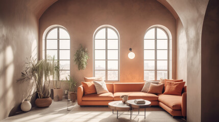 Fototapeta premium Loft home interior design of modern living room. beige sofa with terra cotta pillows against arched window near stucco wall with copy space.