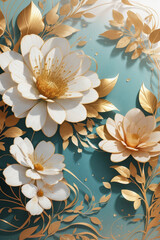 Spring floral in watercolor background. Luxury wallpaper design with flowers, line art, golden texture. Elegant gold blossom flowers illustration suitable for fabric, prints, cover, vivid flowers, lea - obrazy, fototapety, plakaty