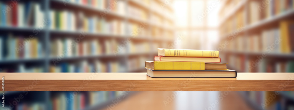 Poster book stack on wood desk and blurred bookshelf in the library room.created with generative ai technol
