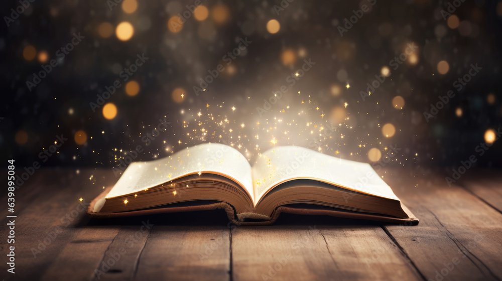 Poster magic book with open antique pages and abstract bokeh lights glowing in dark background. created wit