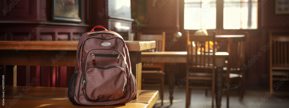 Poster backpack with school supplies on the table in the classroom. created with generative ai technology.