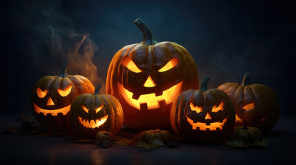 Scarry halloween Pumpkins In A Spooky Forest At Night