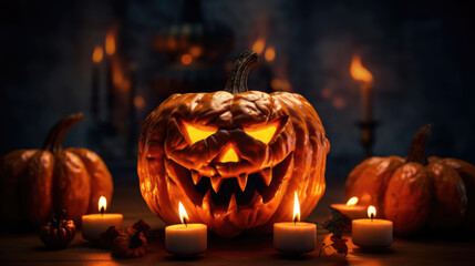 Naklejka premium Scarry halloween Pumpkin on a wooden background