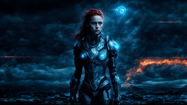 girl warrior stands in an alien magical armor against the background of destruction and war
