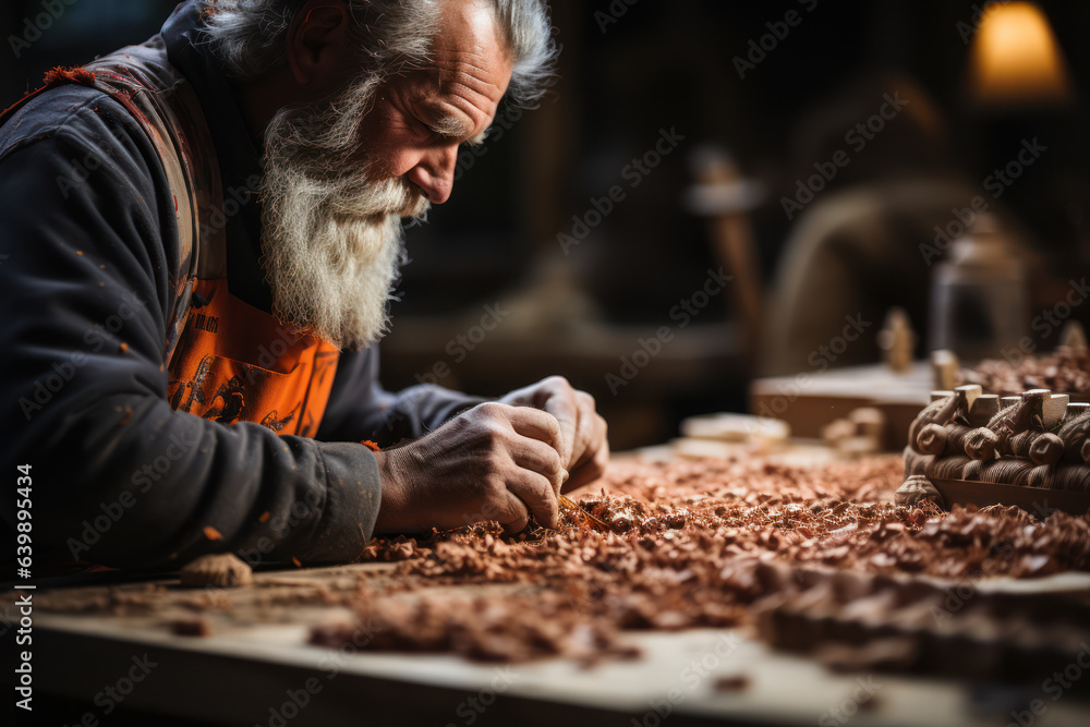 Wall mural Artisan Craftsmanship. Craftsman working on a woodworking project, showcasing the dedication to handcrafted creations. Generative AI.