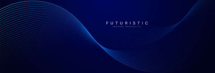 Futuristic abstract background. Glowing flowing wave lines design. Modern shiny blue moving lines element. Future technology concept. Horizontal banner template. Vector illustration - obrazy, fototapety, plakaty