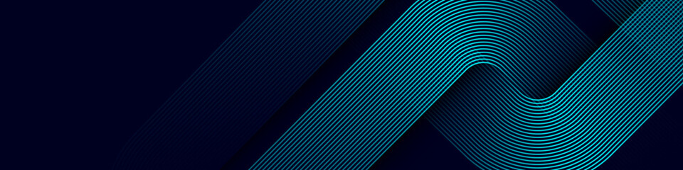 Dark blue abstract background with glowing geometric lines. Modern shiny blue lines pattern. Futuristic technology concept. Horizontal banner template. Suit for cover, poster, presentation, website - obrazy, fototapety, plakaty