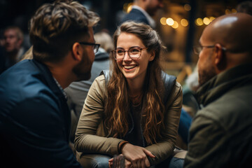 Fototapeta premium Diverse Group Discussion. Individuals from various backgrounds engaged in a lively conversation, reflecting the complexity of human perspectives. Generative AI.