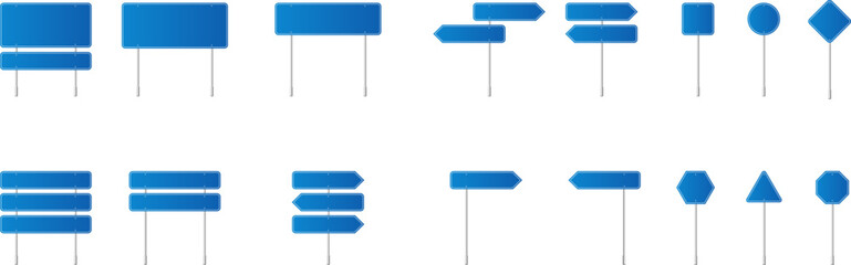 Blue road signs set. Direction. Board blank with place for text.  Isolated information direction sign. Vector illustration.