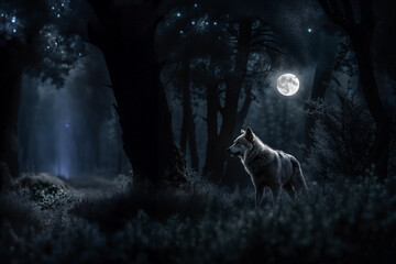 Gray wolf in the forest at night