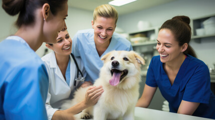 Group of Veterinarians examines the dog at the clinic. Created with Generative AI technology.