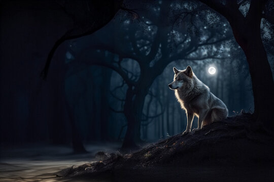 Gray wolf on the bank of a river on a full moon night