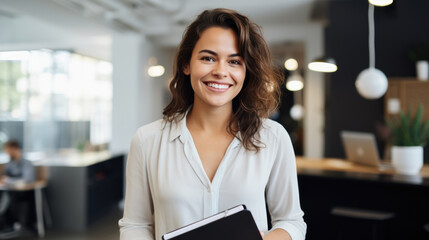Happy professional female psychologist holding clipboard, looking and smiling at camera.