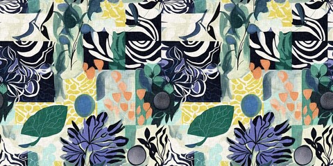 Modern fun pattern clash fabric border print for summer beach textile designs with a linen cotton effect. Seamless trendy repeat edging trim banner background