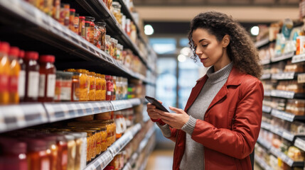 Woman stands in a supermarket and looks at her phone to search for discounts on an app